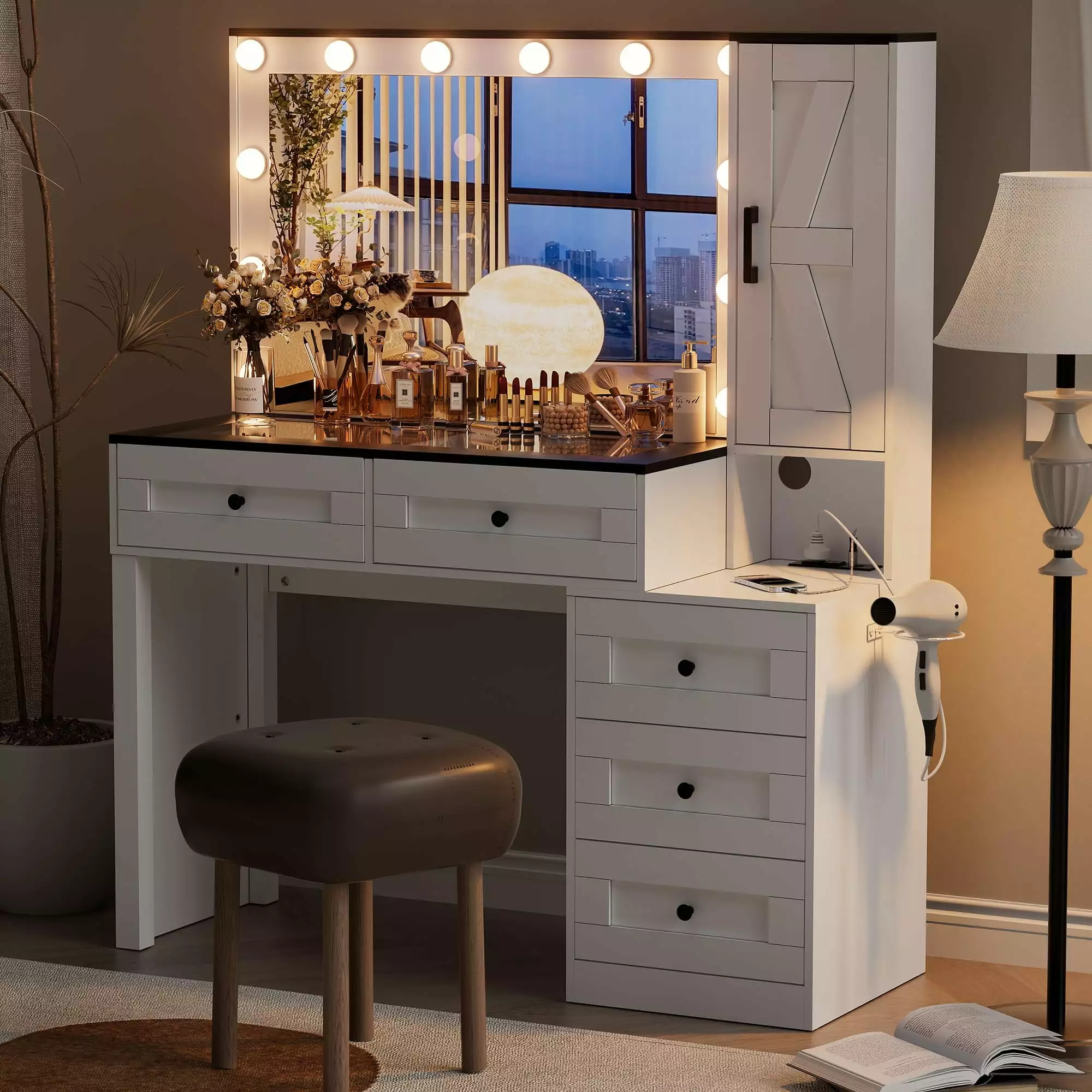 White Farmhoutilize Makeup Vanity Desk Mirror Lights Charging Station 5 Drawers Side Cabinet TZUTOGETHER