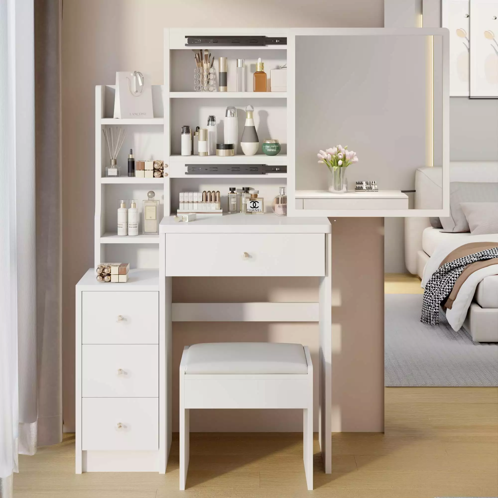 UBesGoo Vanity Table Set Sliding Mirror - Makeup Dressing Table 4 Drawers White