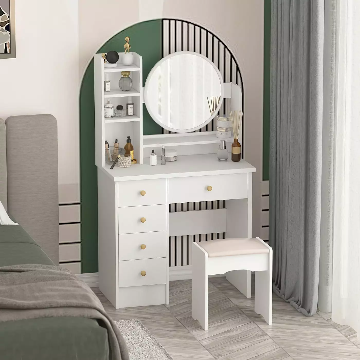 WIAWG White Vanity Set Round Mirror and Drawers Bedroom Makeup Dressing Table Girls