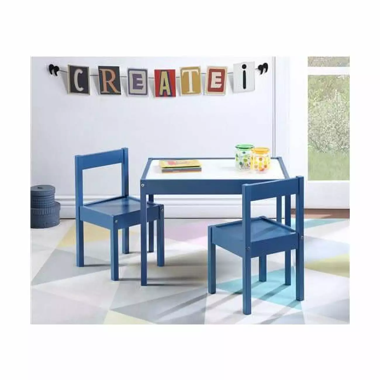 Olive & Opie Gibson 3-Piece Wood Dry Erase Kids Table & Chair Set Dark Blue