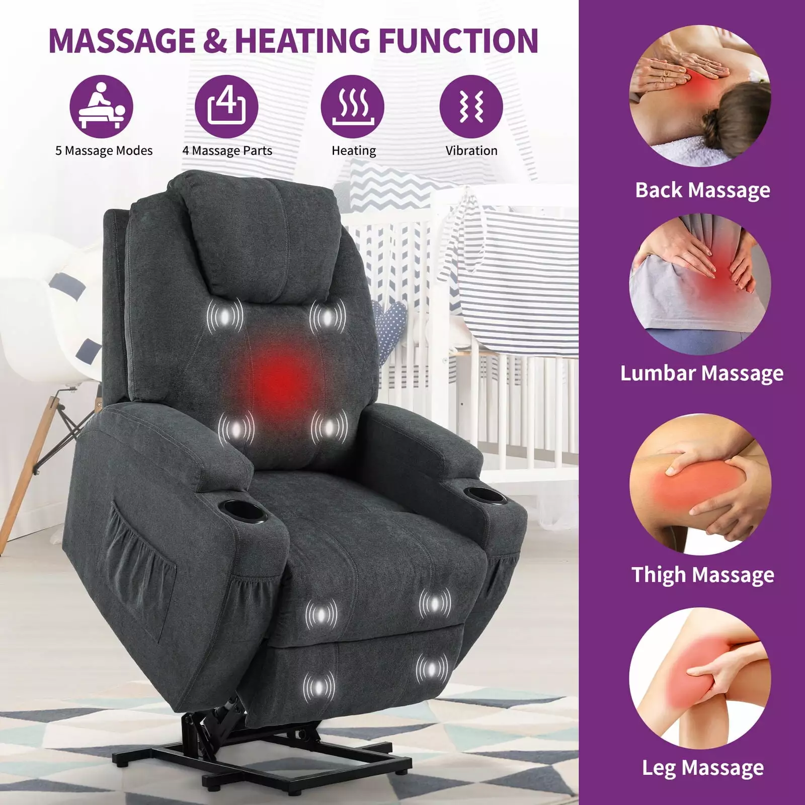 ZGBY Power Lift Massage Recliner Chair Elderly Heated Fabric Ergonomic ZGBY Home Products