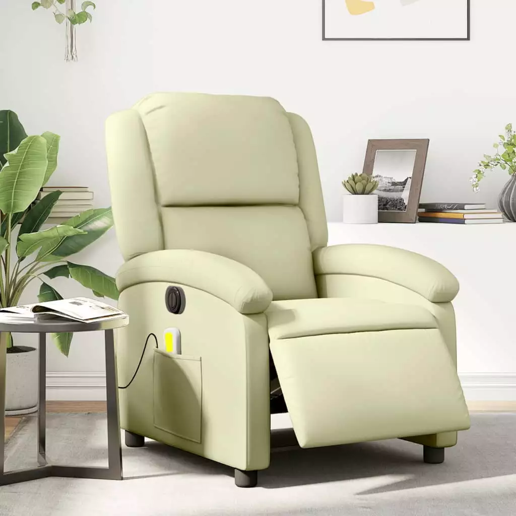 vidaXL Electric Massage Recliner Chair Cream Real Leather Luxury Lounge Chair
