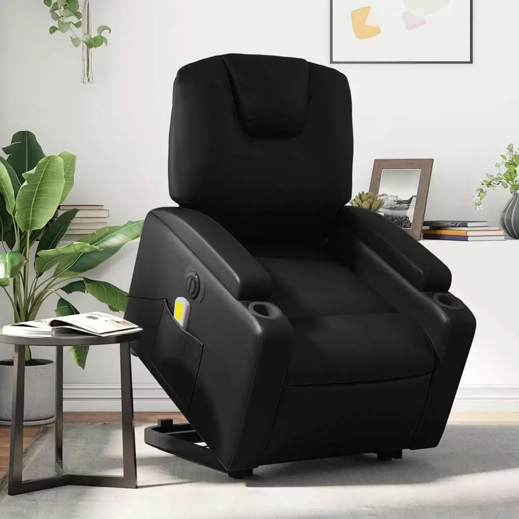 vidaXL Electric Stand Up Massage Recliner Chair - Black Faux Leather Built- Massage and Lift Function