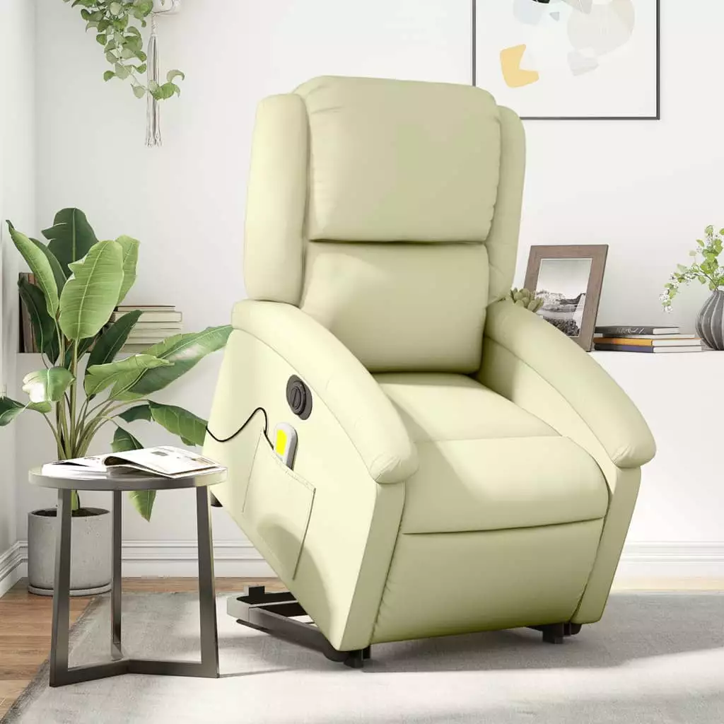 vidaXL Electric Stand Up Massage Recliner Chair Cream Real Leather