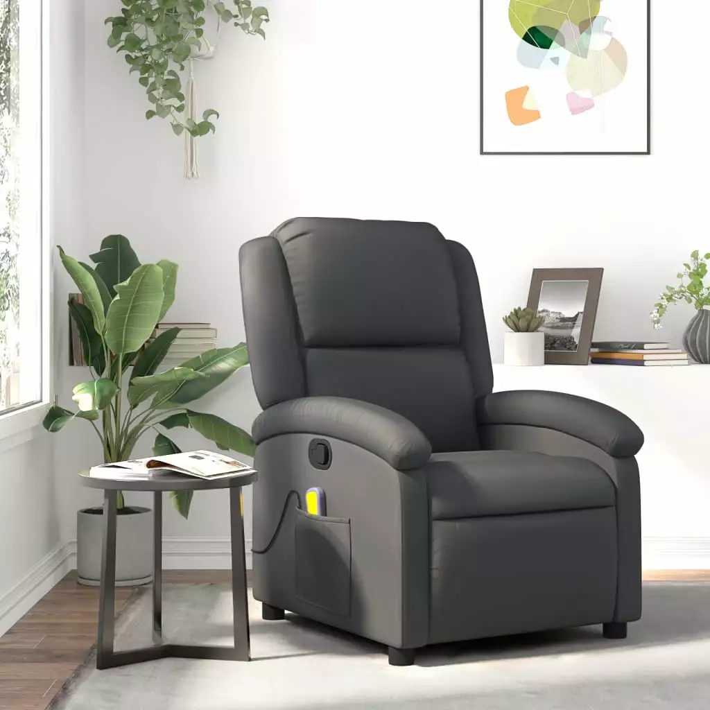 vidaXL Massage Recliner Chair Gray Real Leather Electric Functions