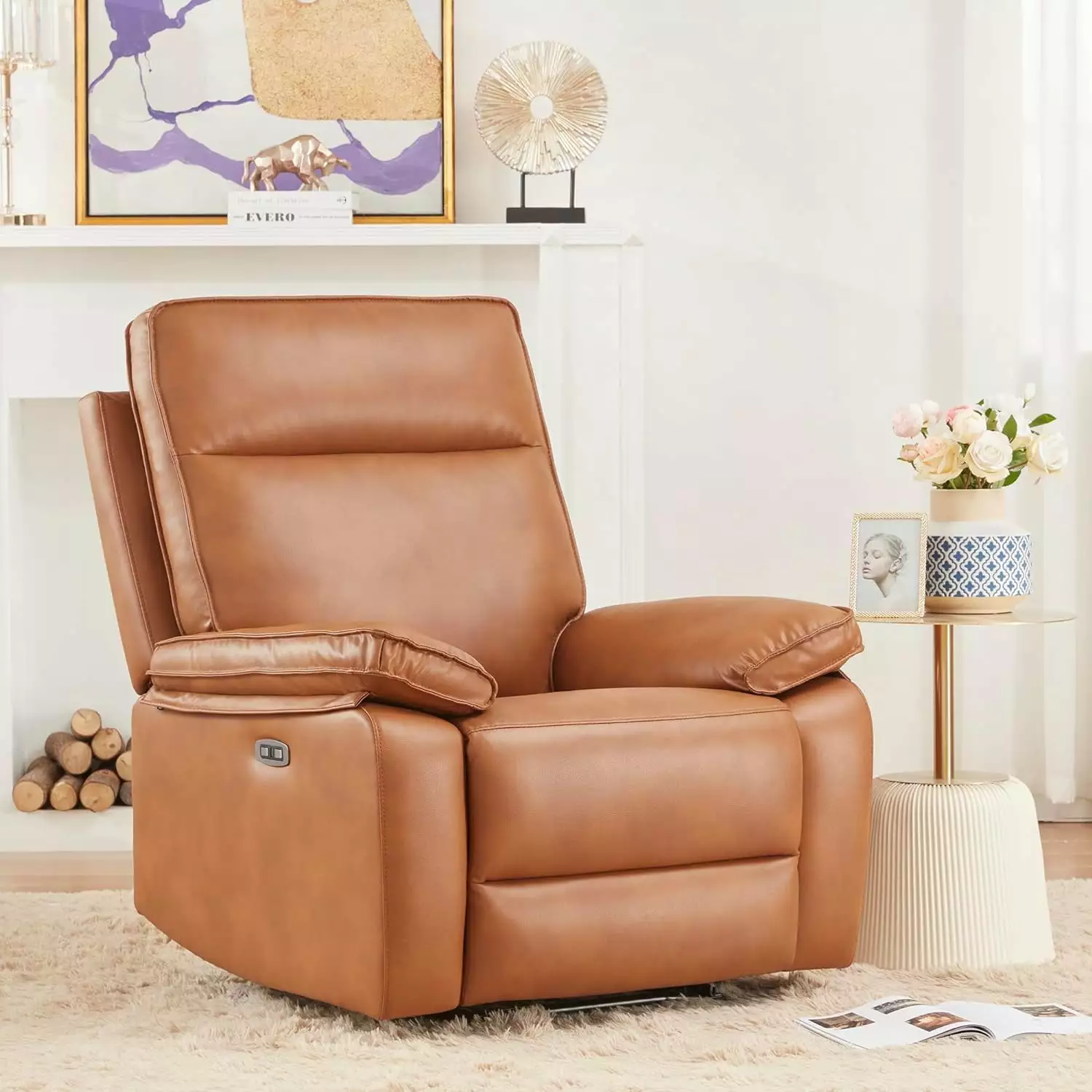 Electric Power Recliner Chair USB Port Oversized Leather Adults Caramel Color CNCJ