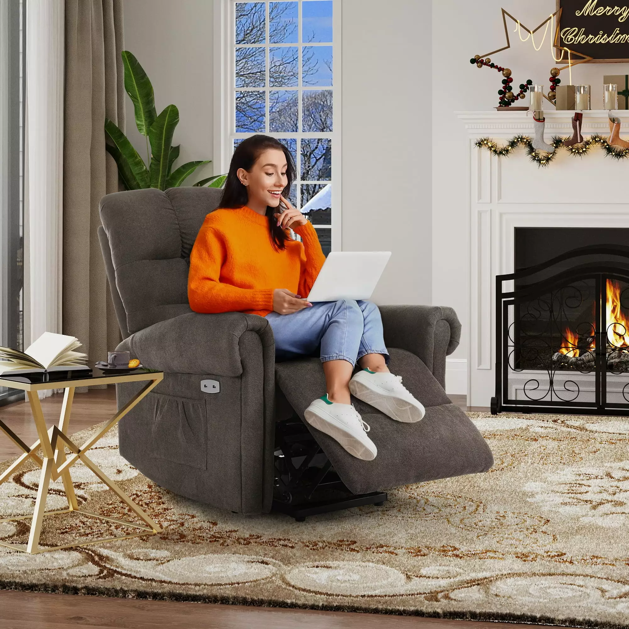 Dextrus Brown Electric Wide Lift Recliner Elderly Massage Heat USB Ports Side Pocket
