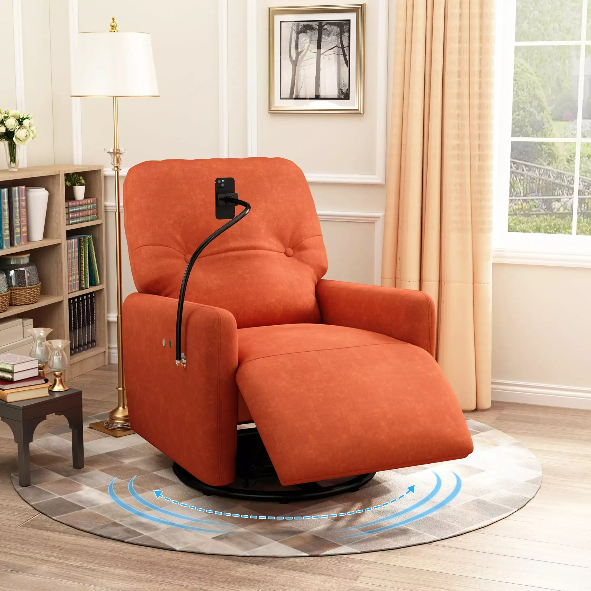 270 Degree Swivel Electric Recliner - Home Theater Seating Rocking Motion and Phone Holder Orange Jamini