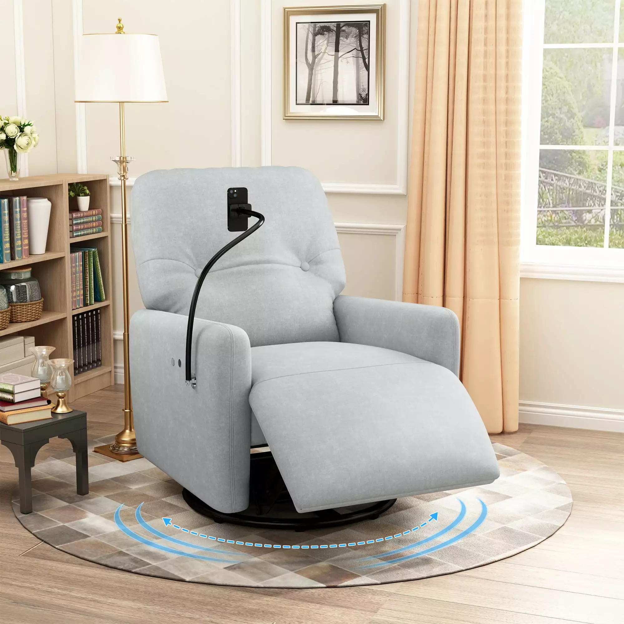 270 Degree Swivel Electric Recliner - Home Theater Seating Rocking Motion and Phone Holder Grey Jamini