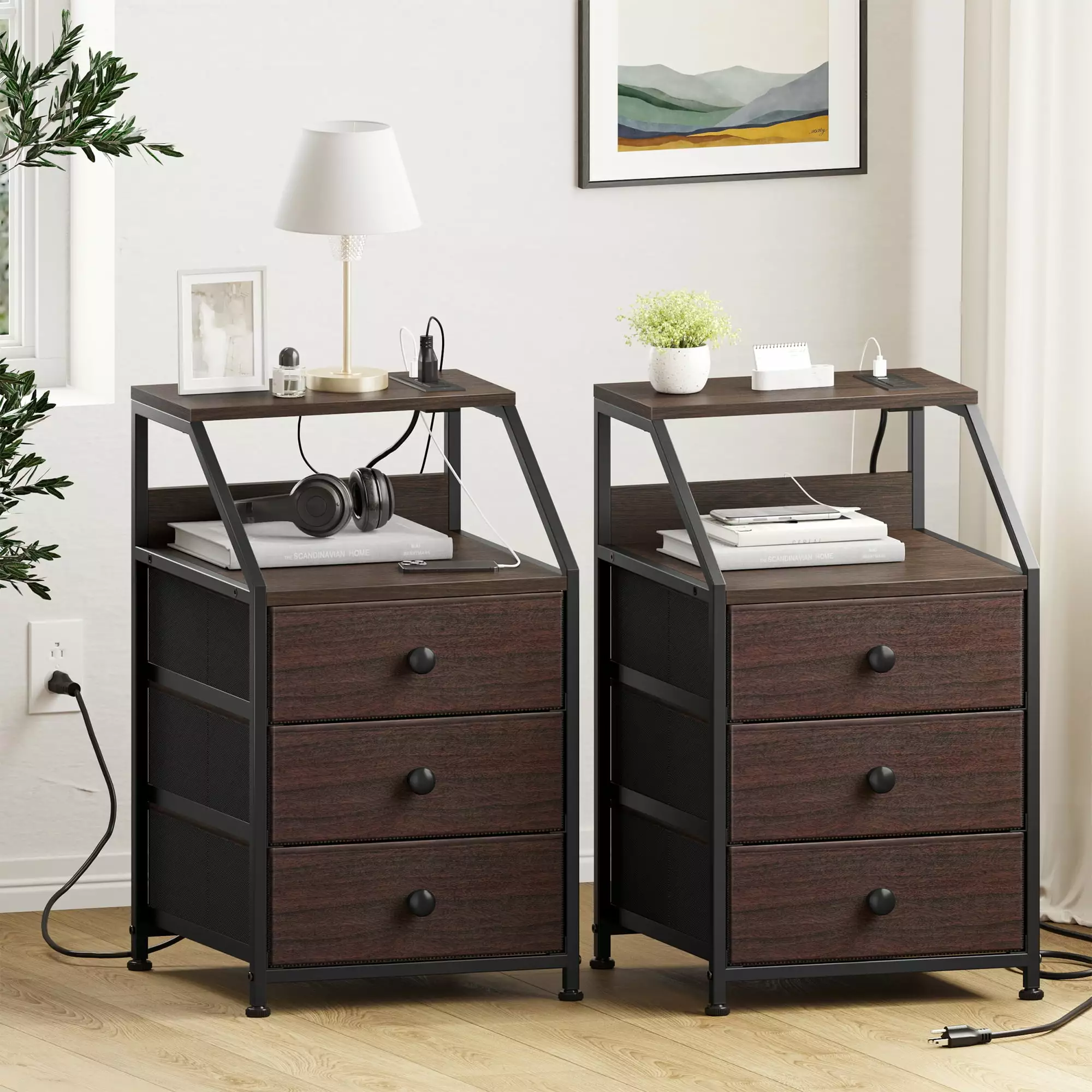 GUNAITO Nightstand Charging Station and USB Ports Set 2 Modern End Tables Bedroom Living Room
