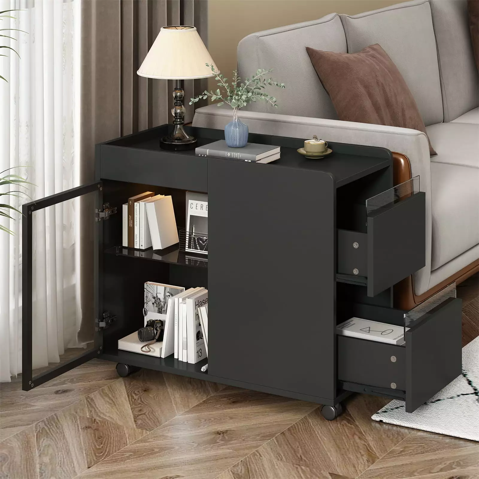 U-Can Modern End Table LED Light and Wheels Transparent Brown Glass Door HeroicLion