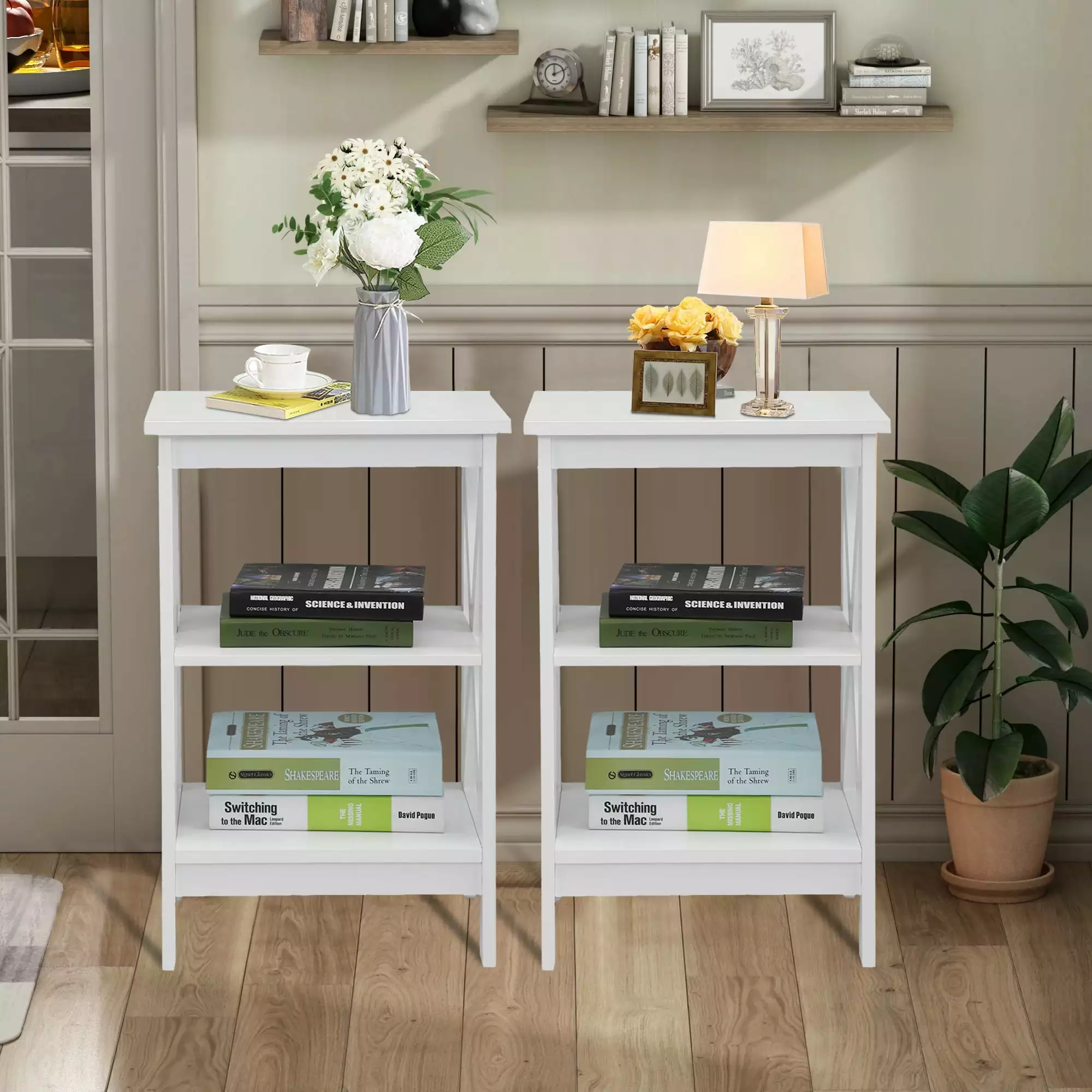 White 3-Tier End Table Set 2 Modern Wood Sofa Side Table X-Shaped Support Living Room Bedroom Office Syngar