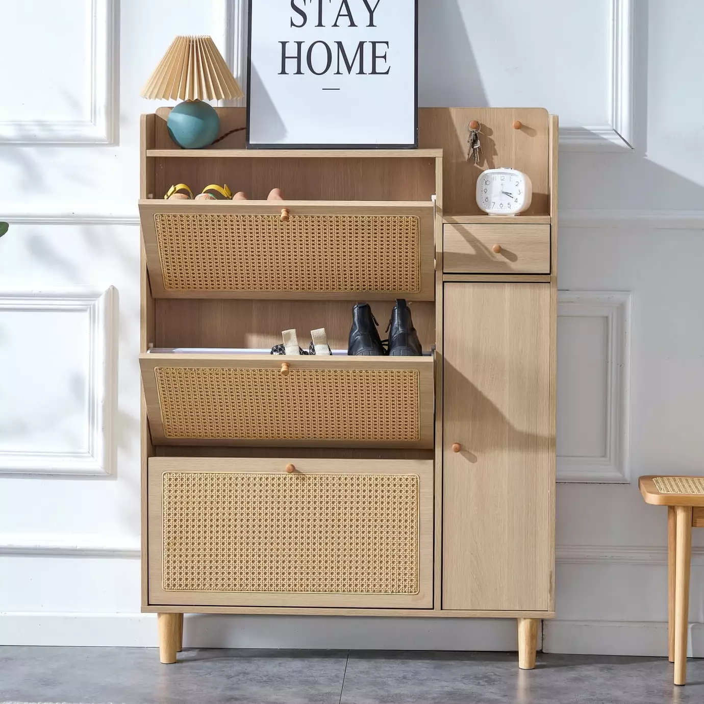 Shoe Cabinet Rattan Doors and Open Top Shelf Modern Storage Cabinet Drawer Natural Triple Tree