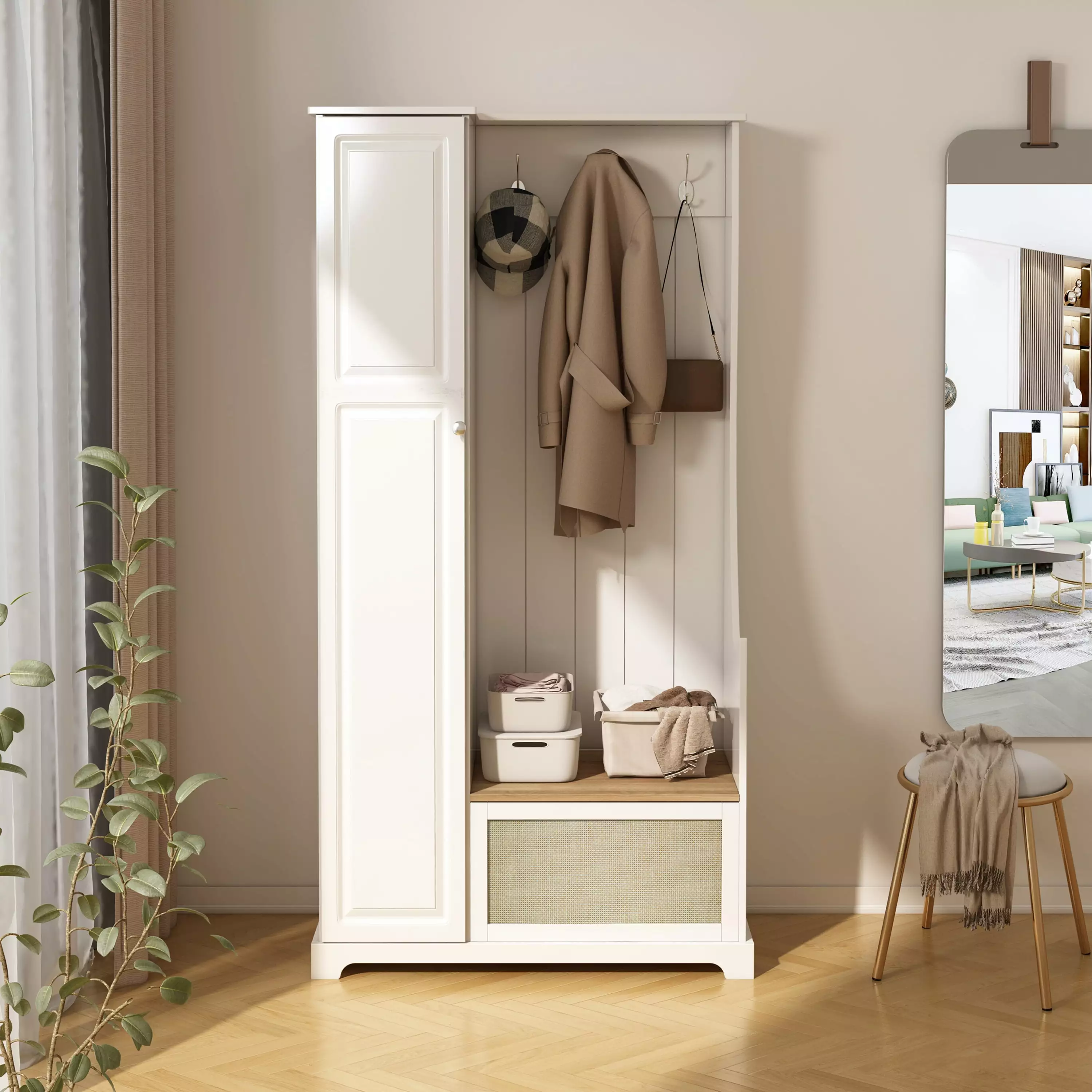 Furtivusia 1 Door Closet Armoire Wardrobe 3 Hooks and Shoe Bench Living Rooms White