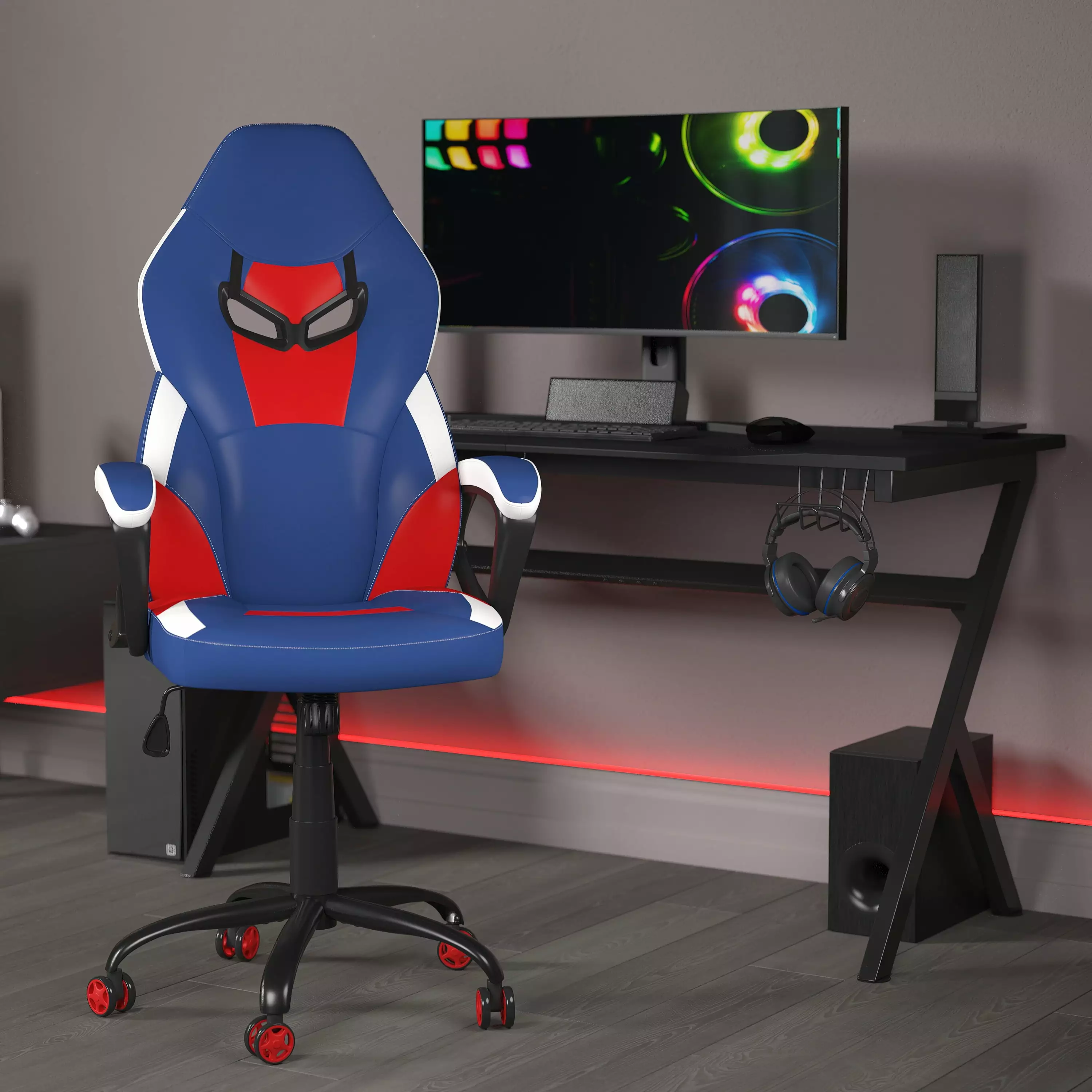 Emma + Oliver Faux Leather Ergonomic High Back Gaming Chair Adjustable Seat Height and Lumbar Support Red, White, and Blue