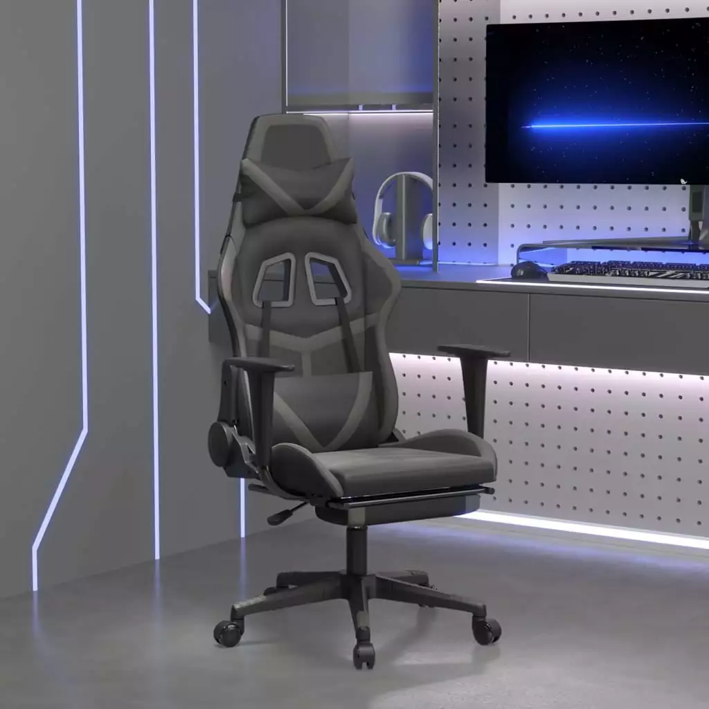 Ergonomic Massage Gaming Chair Footrest - Adjustable Height Black and Gray Faux Leather Chair funchic