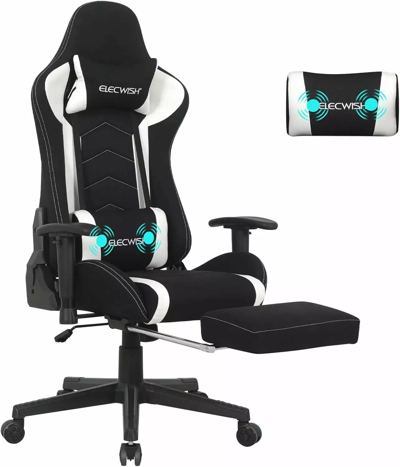 HENGXIN Fabric Gaming Chair Footrest Computer Gamer Chair Massage Lumbar Support Reclining Black White