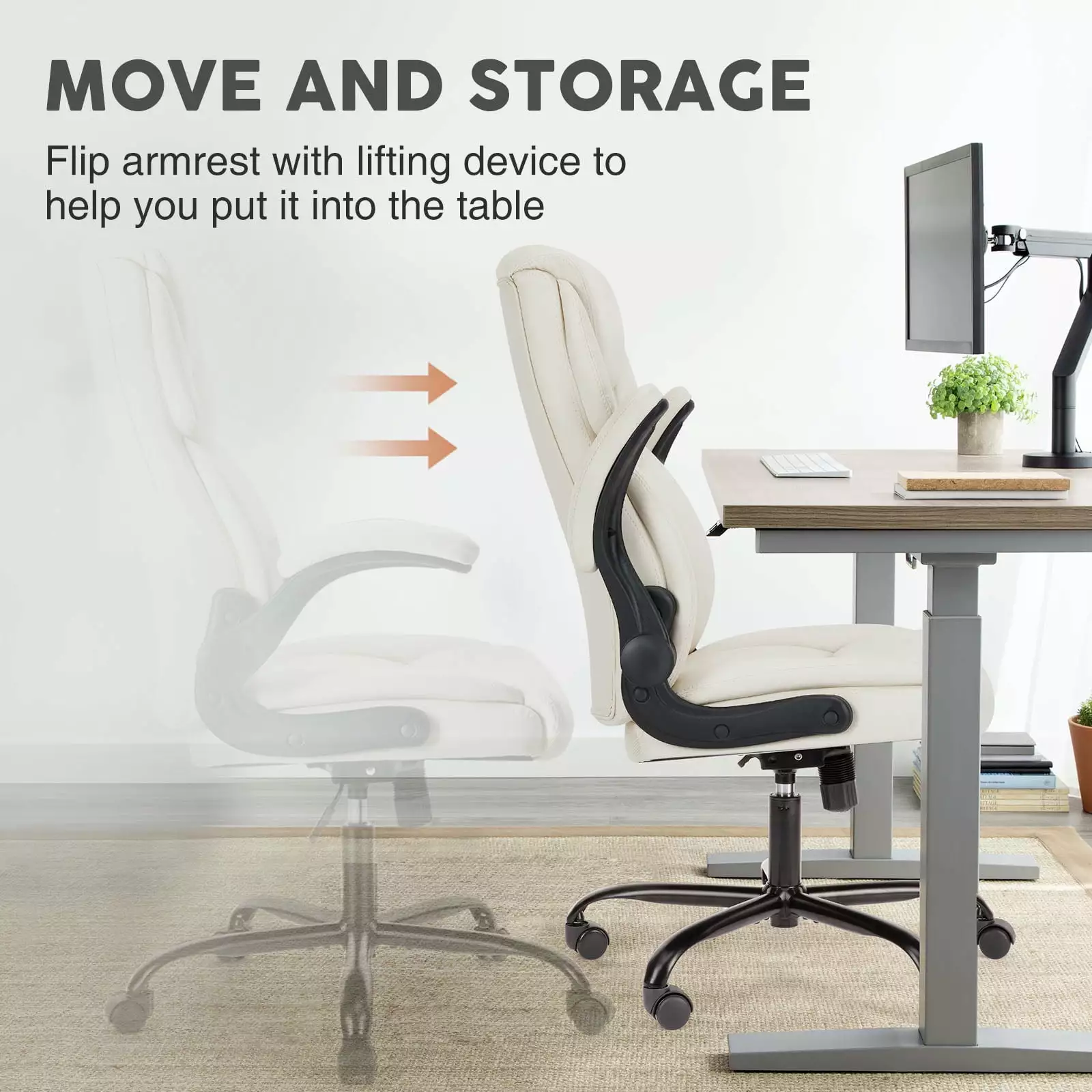 KPUY Ergonomic Computer Desk Chair High Back PU Leather Adjustable Flip-up Armrest and Lumbar Support White