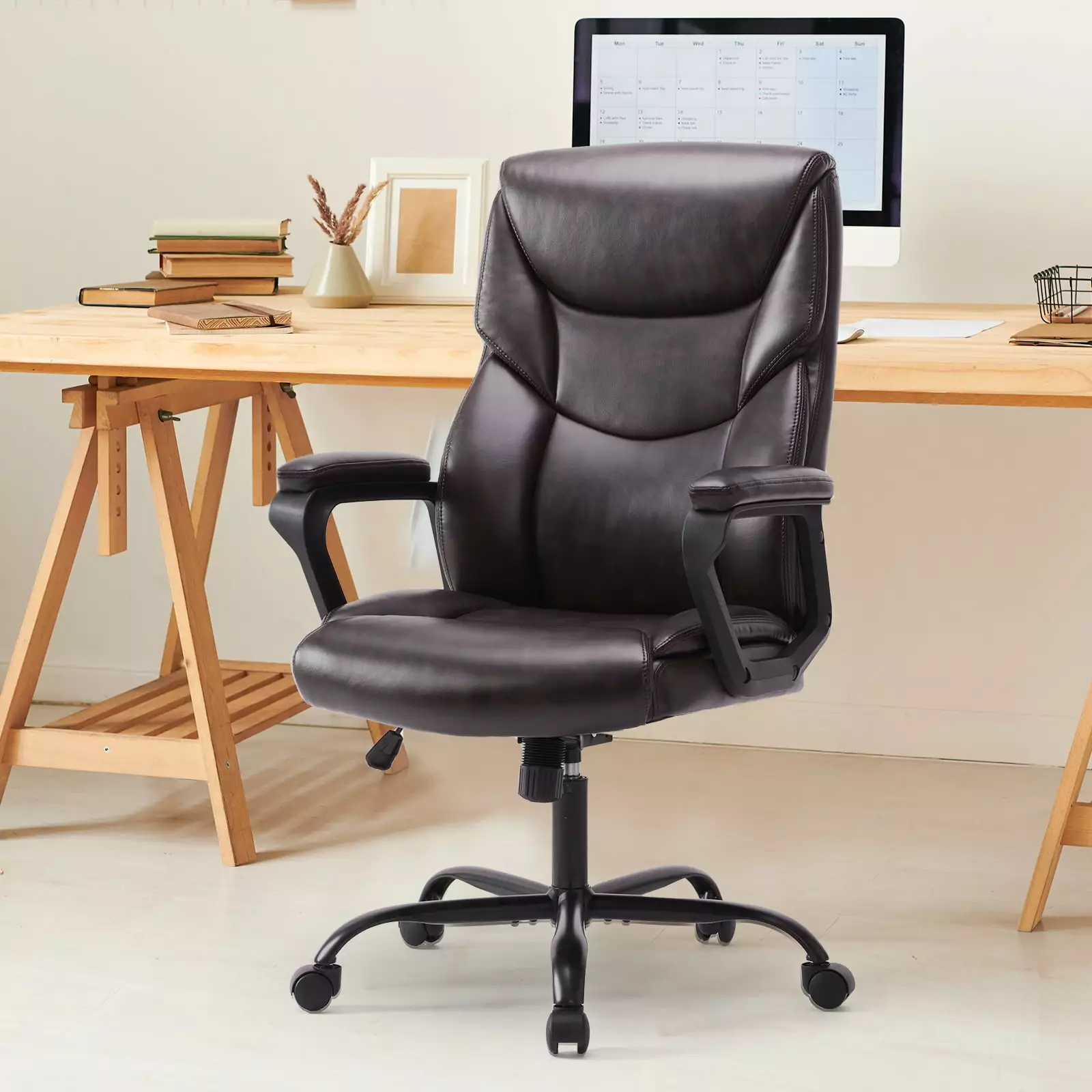 KPUY Ergonomic Computer Desk Chair High Back PU Leather Office Chair Adjustable Fixed Armrest and Lumbar Support Brown