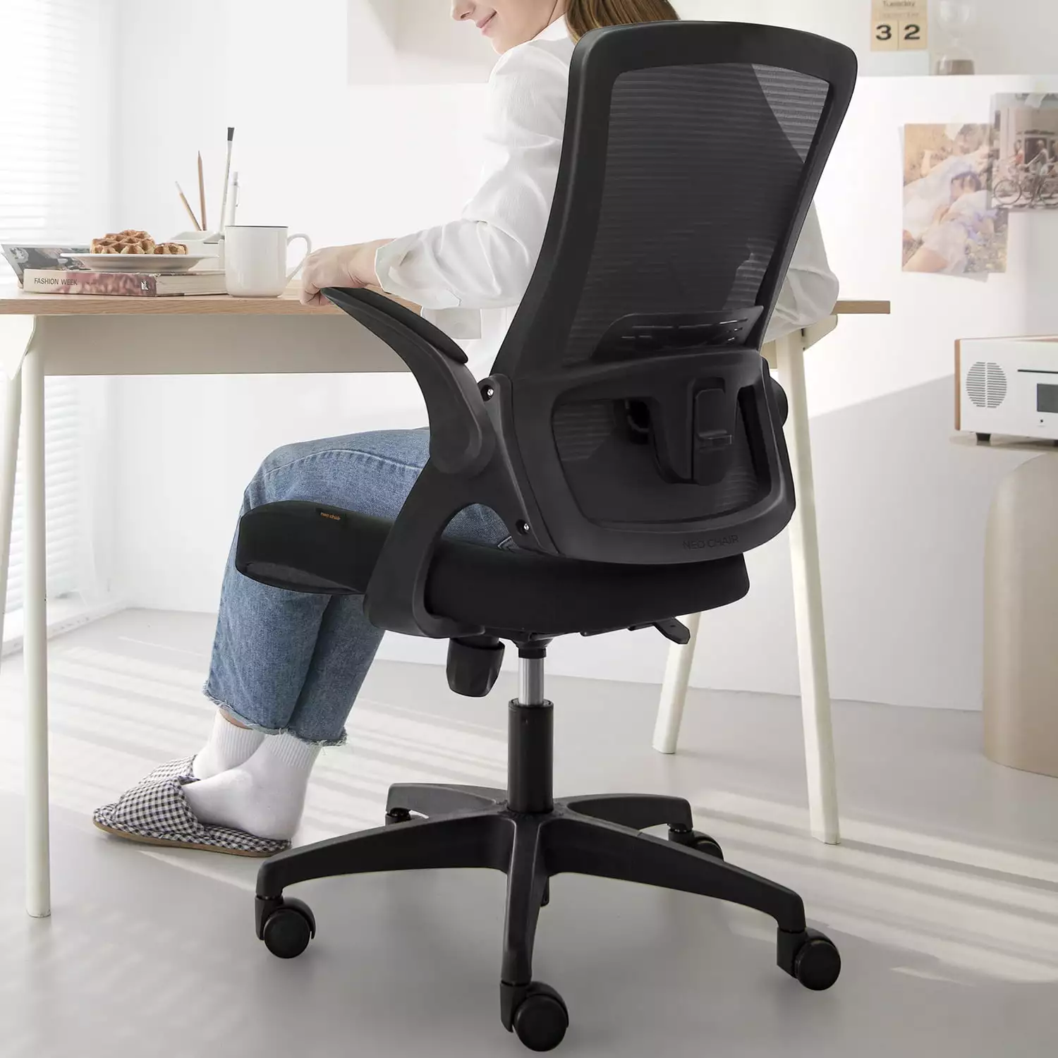 Neo Chair Ergonomic High Back Office Chair - Flip-up Arms Adjustable Lumbar Support - Black Desk Chair