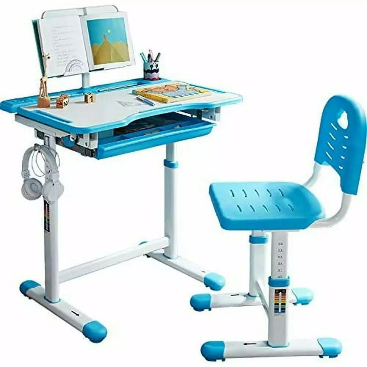 Ergonomic Kids Study Desk and Chair Set Height Adjustable Tilt Desktop Book Stand Cup Holder Storage Drawer YYY