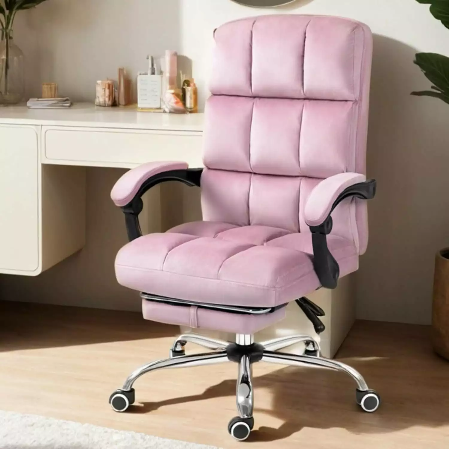 Velvet Ergonomic Office Chair Footrest High Back Reclining Computer Chair Pink FYB