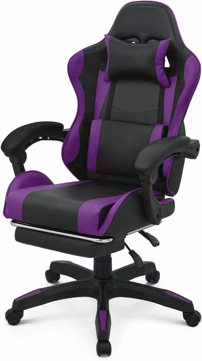 Gaming Chair Footrest Headrest and Lumbar Support Purple High Back Ergonomic Video Game Chair Adjustable Height Swivel Lea...