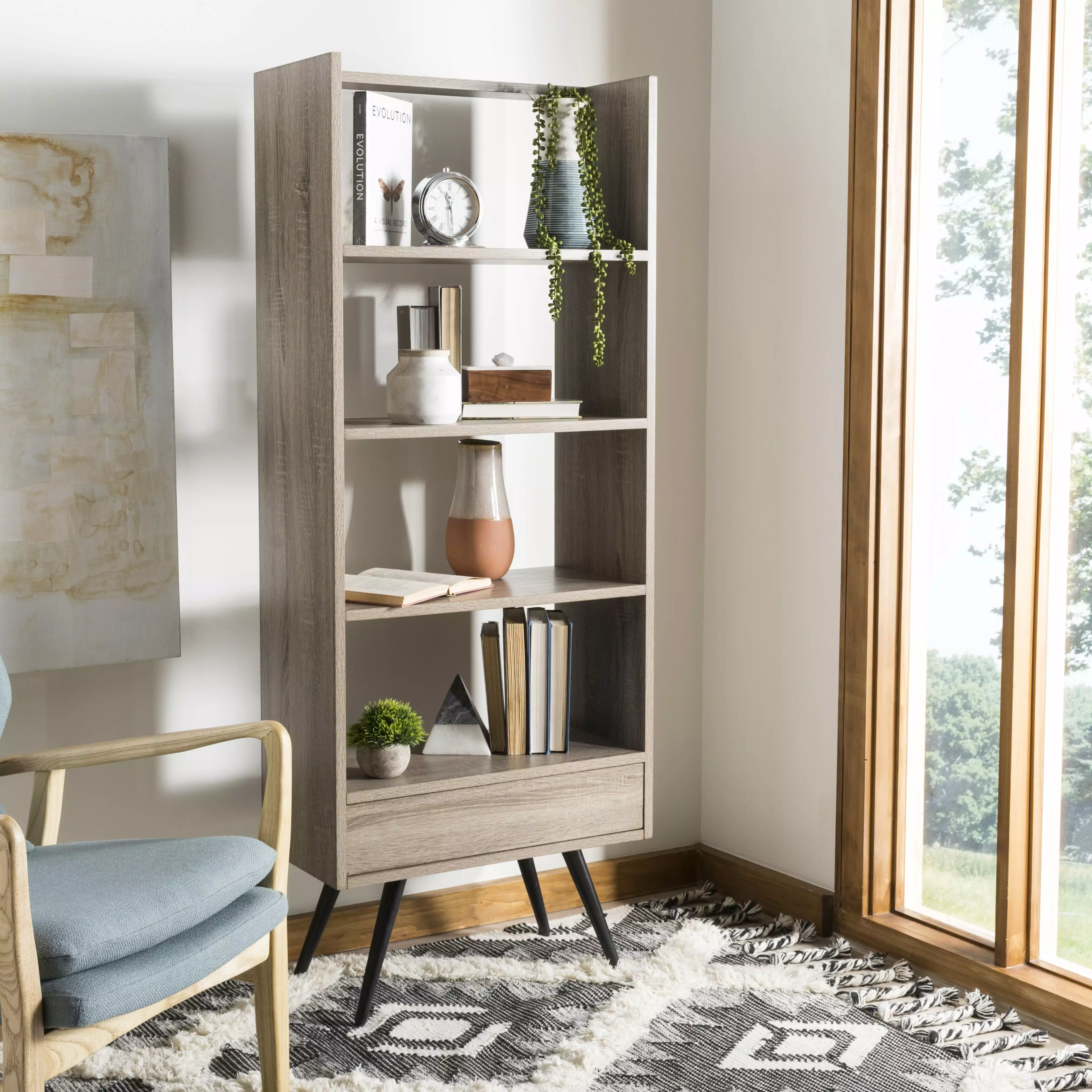 SAFAVIEH Terrence Retro Mid Century Wood 5 Tier Etagere Bookcase Oak Black