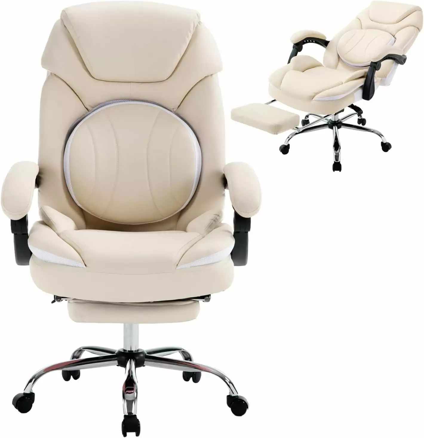 350lbs Reclining Executive Office Chair Footrest Back Support PU Leather Ergonomic Recliner Beige FYB