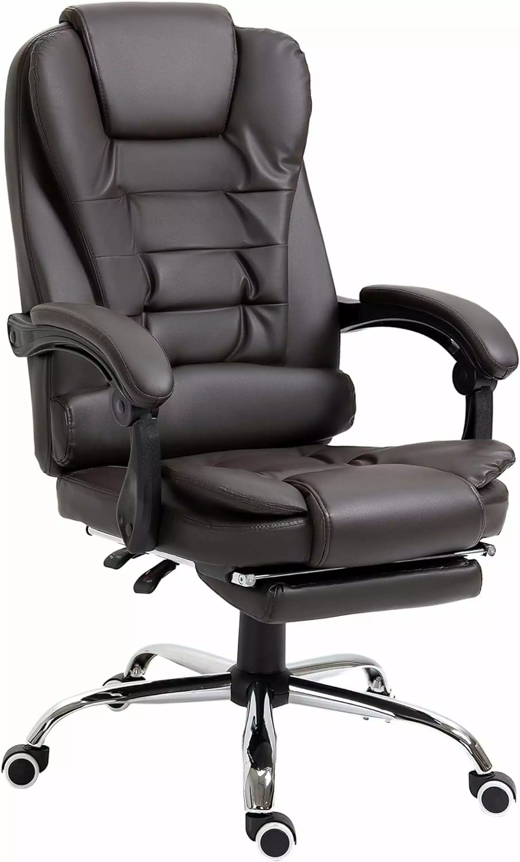 High Back Ergonomic Office Chair PU Leather Retractable Footrest Lumbar Support Headrest Coffee ZKQ