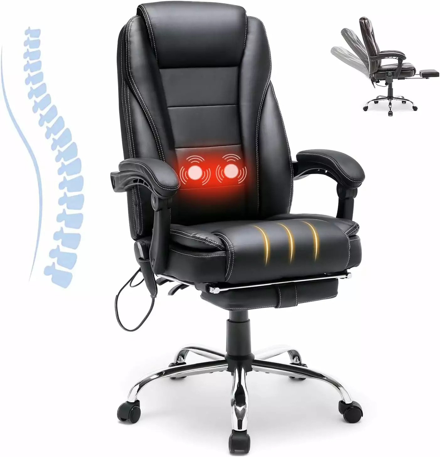 Executive Office Chair Massage Heated Desk and Footrest Lumbar Support Black shinyswan