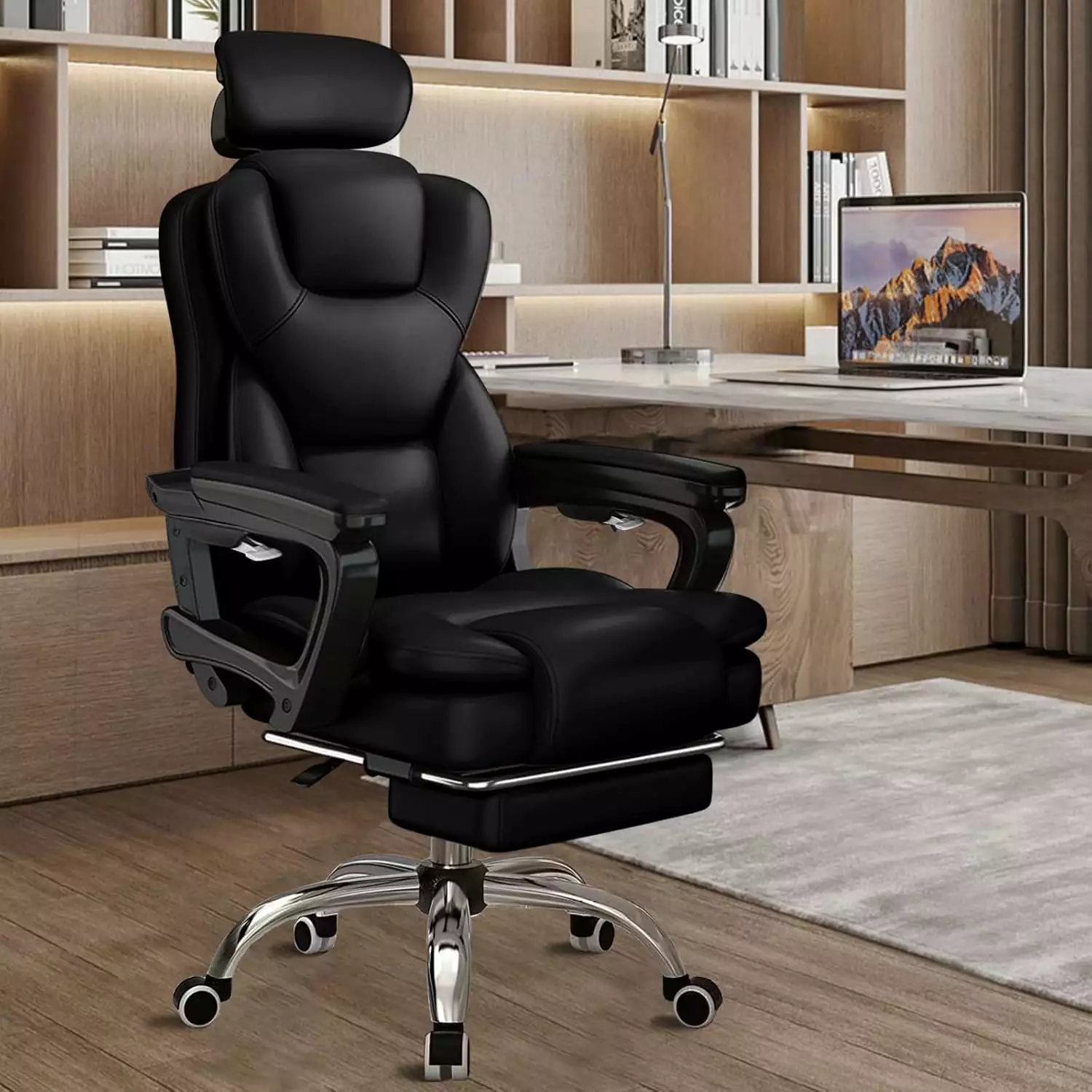 Office Chair Big and Tall Ergonomic High Back Computer Gaming Chair Executive PU Leather Lumbar Support Footrest Wheels Bl...