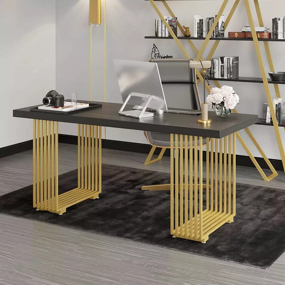 Homary 63 Modern Black Computer Desk Solid Wood Table Top Gold Frame Rectangular Workstation