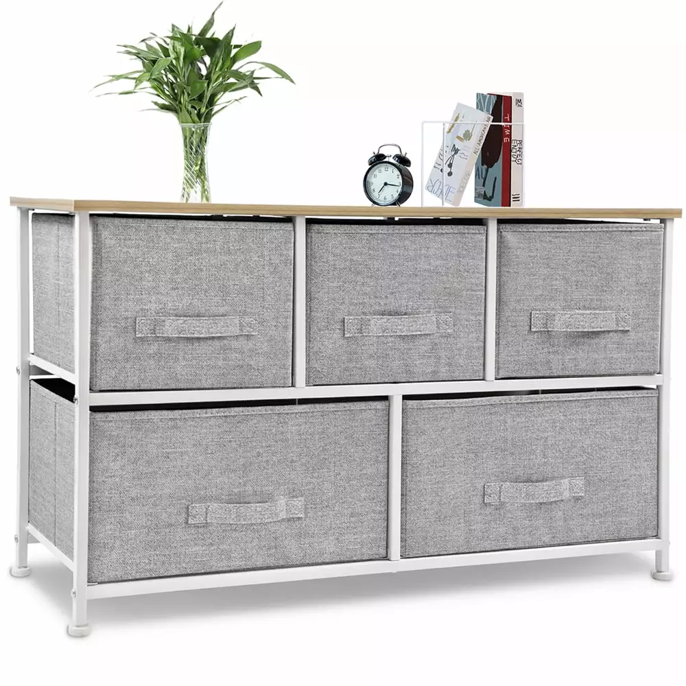 Bigroof 5 Drawer Dresser Storage Tower Light Gray Steel Frame Fabric Bins