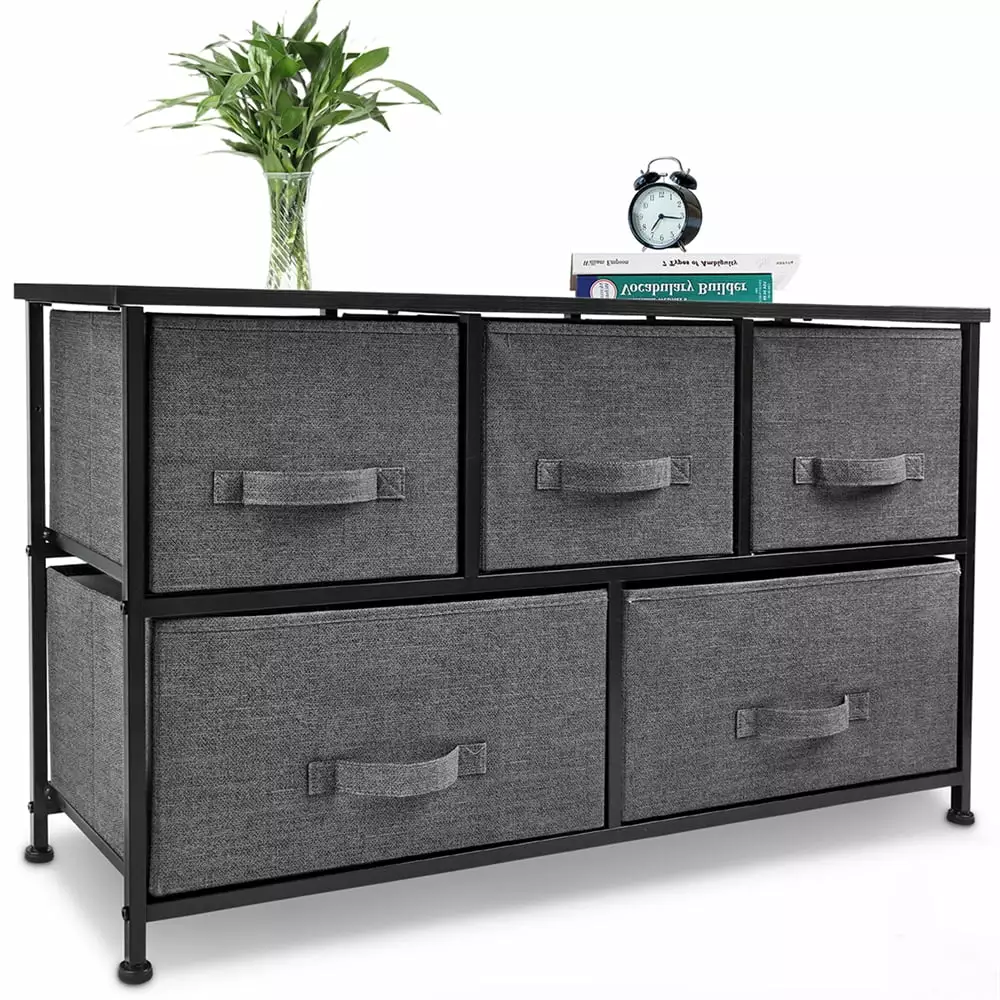 Bigroof 5 Drawer Dresser Storage Tower Steel Frame Dark Gray Fabric Bins