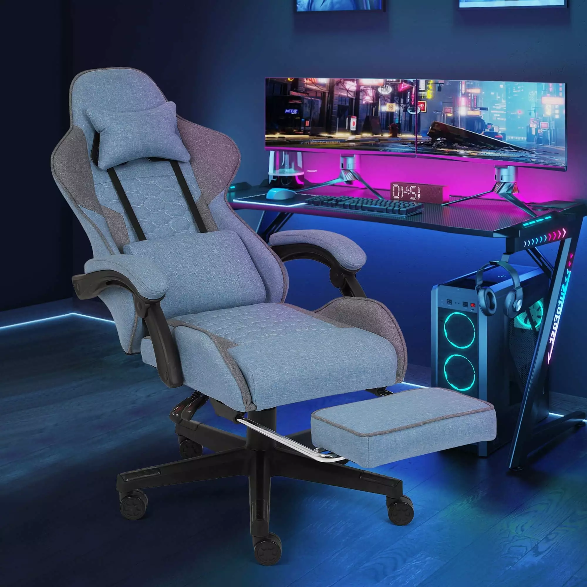 FAMOYI Gaming Chairs Footrest Fabric Adjustable Swivel Reclining Headrest and Lumbar Support