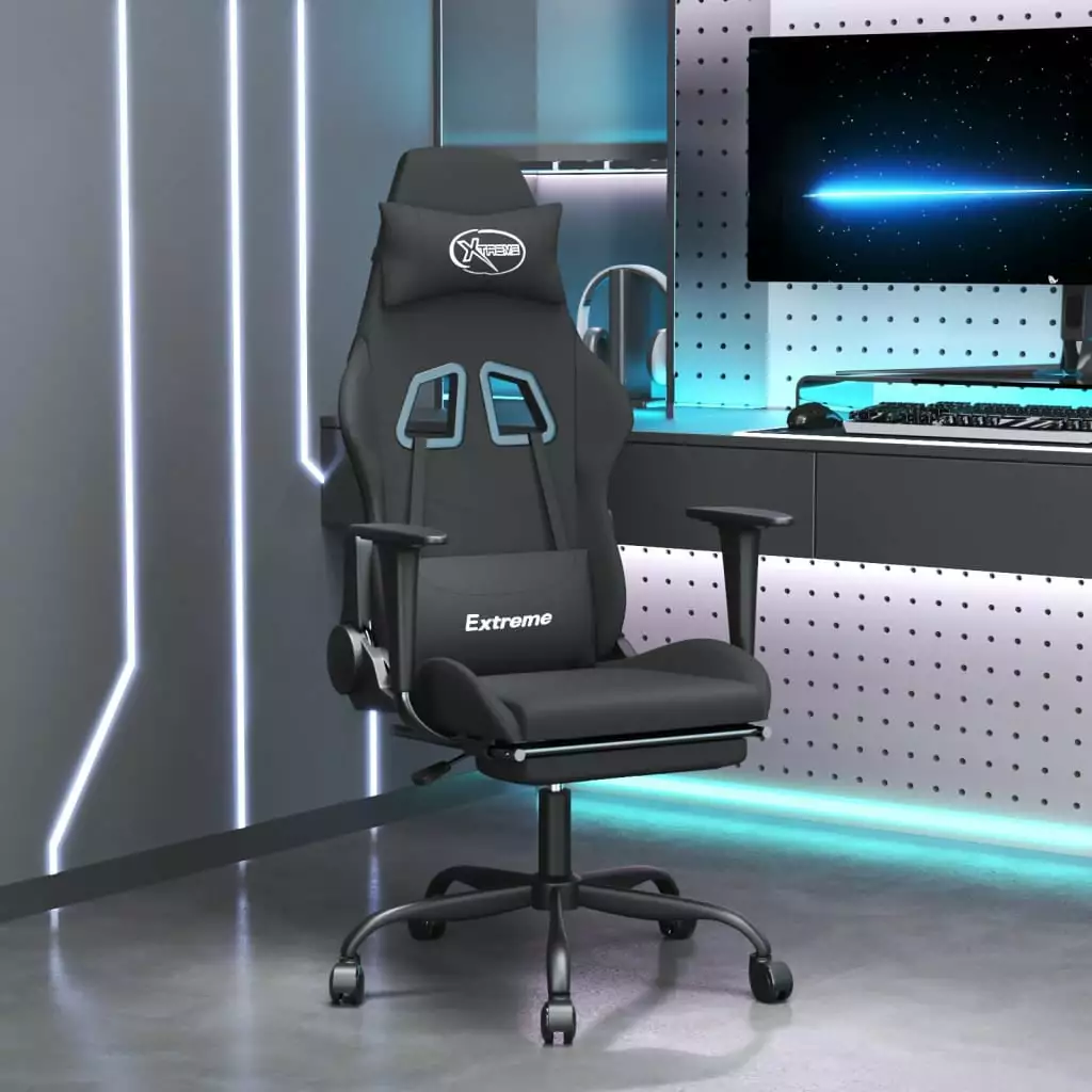 Ergonomic Massage Gaming Chair Adjustable Footrest Black Fabric funchic