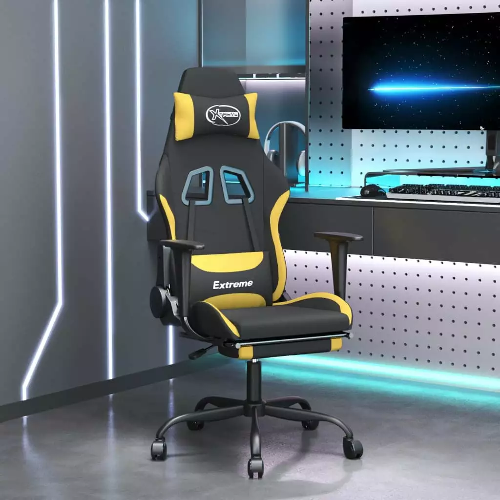 Ergonomic Massage Gaming Chair Footrest Black Yellow Fabric Gamers funchic