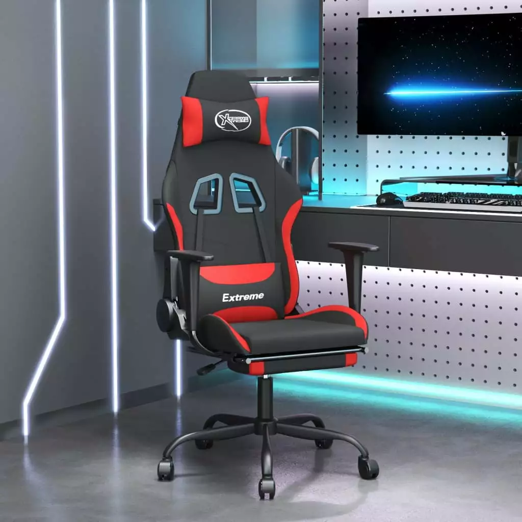 vidaXL Gaming Chair Footrest Black and Red Fabric Ergonomic Computer Chair Home Office