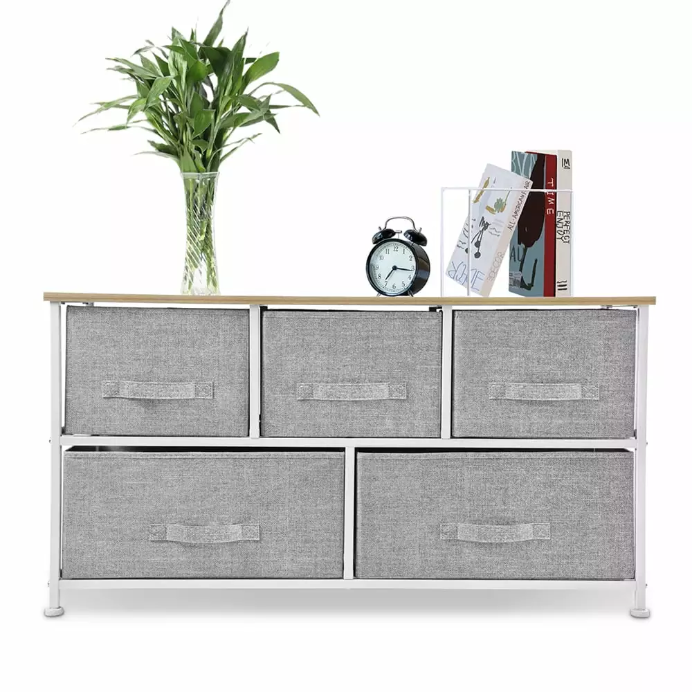 Bigroof 5 Drawer Fabric Dresser Storage Unit Bedroom Light Grey