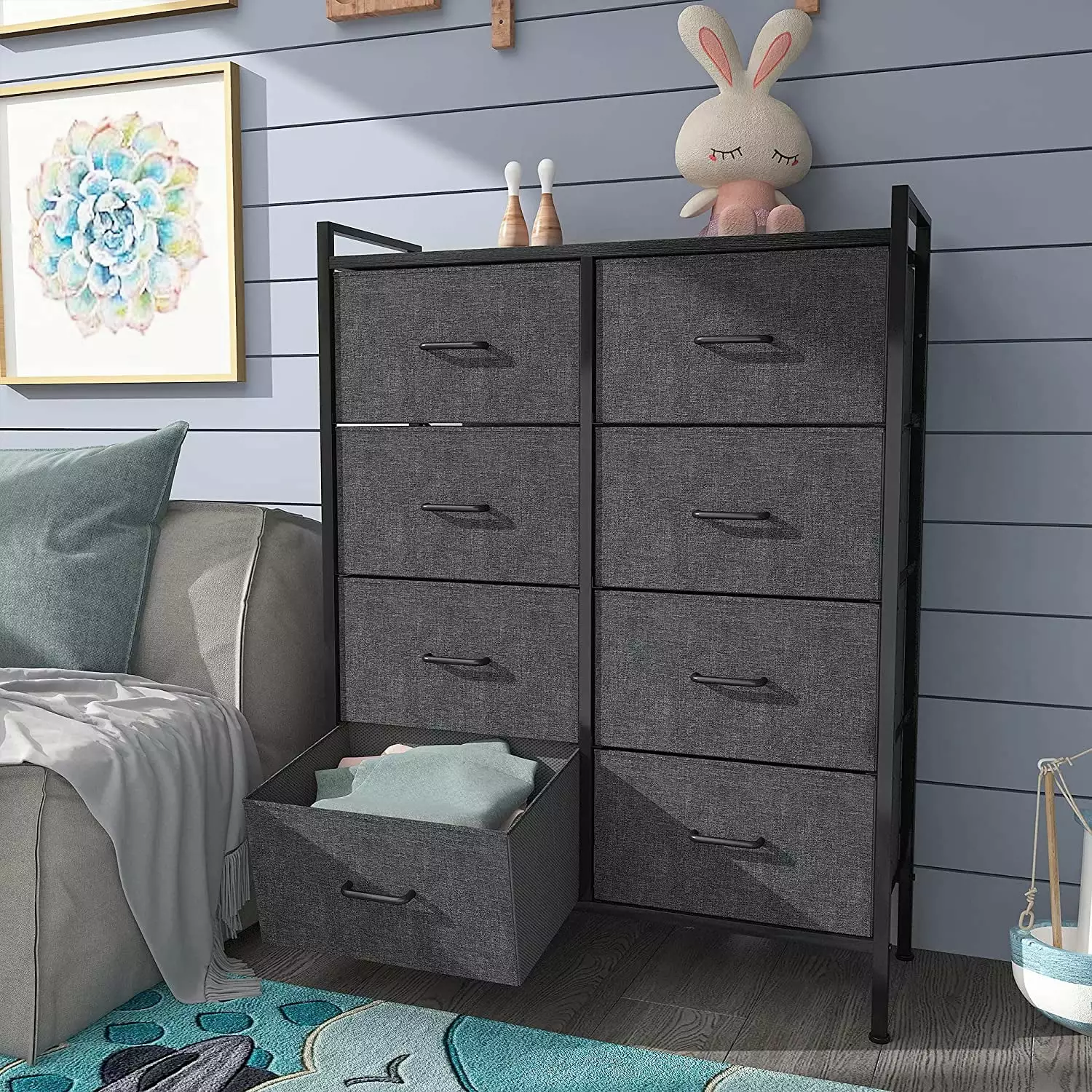 Black and Gray 8 Drawer Tall Fabric Dresser DWVO - Storage Tower Cabinet Bedroom or Kids Room
