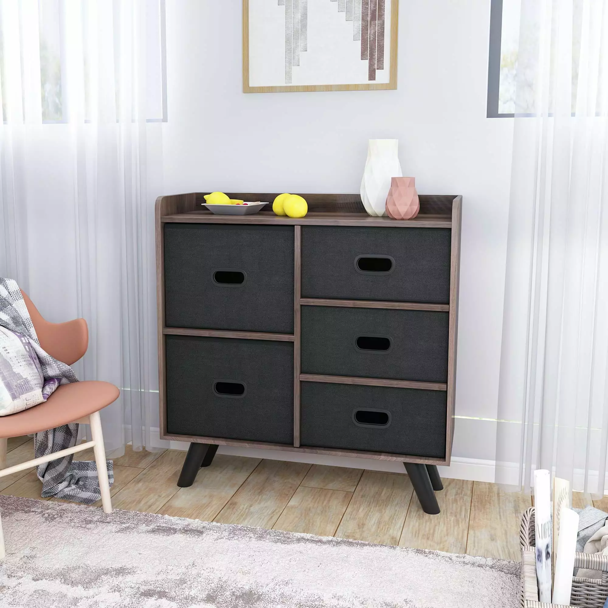 UBesGoo Dresser Arranger Cabinet 5 Fabric Drawers MDF Frame Wood Top Home Office Dormitory Storage