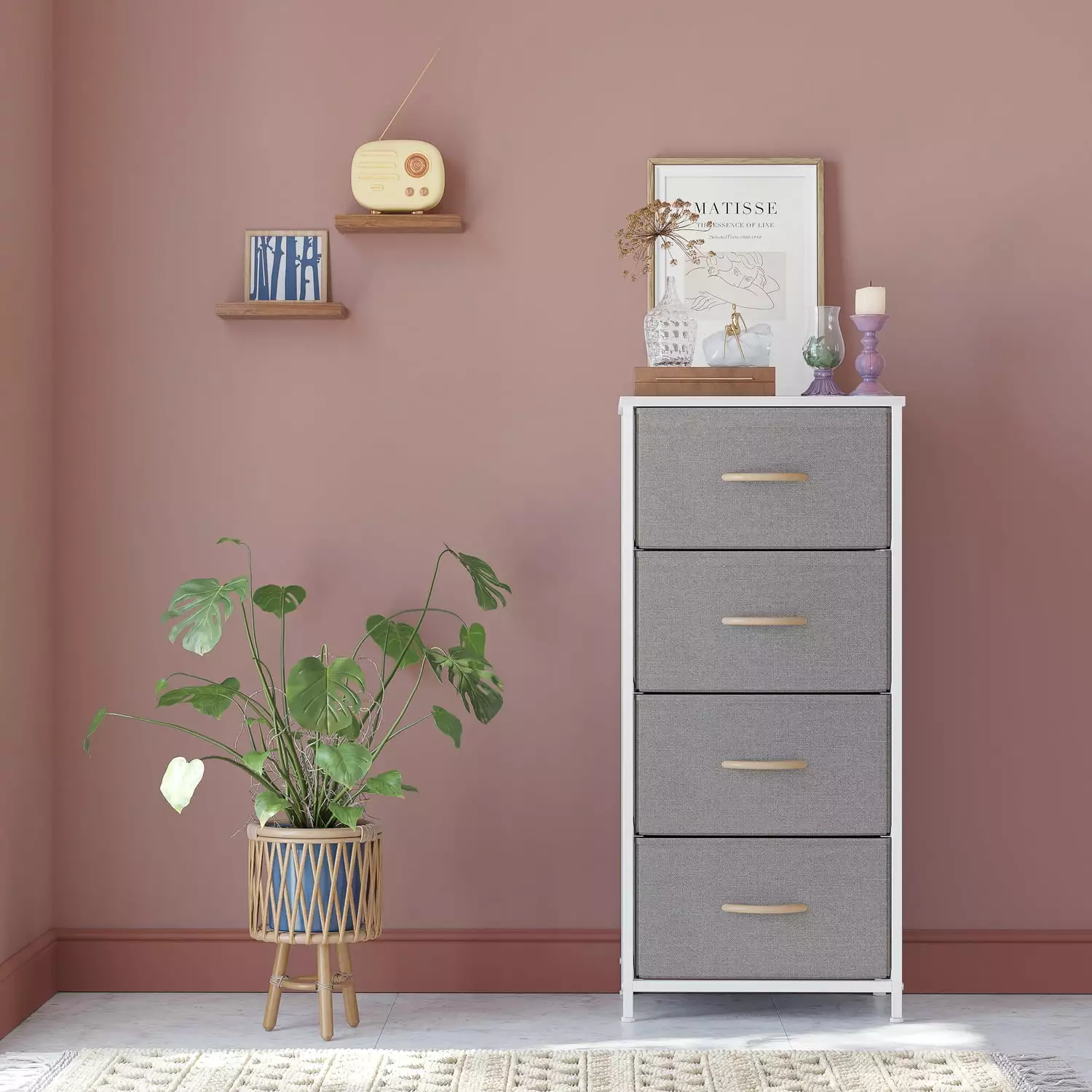 CubiCubi 4-Drawer Small Fabric Storage Dresser Bedroom Kids Room Light Grey