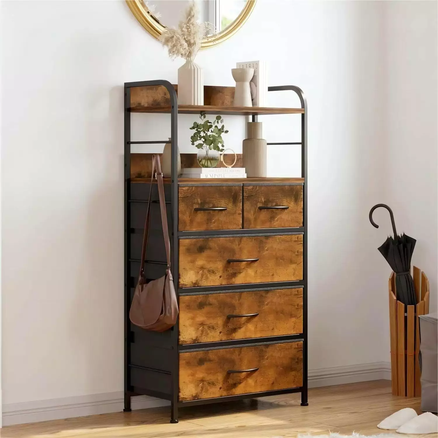 GOGRANT Dresser Bedroom 5 Drawers Small Fabric Dresser Rustic Brown