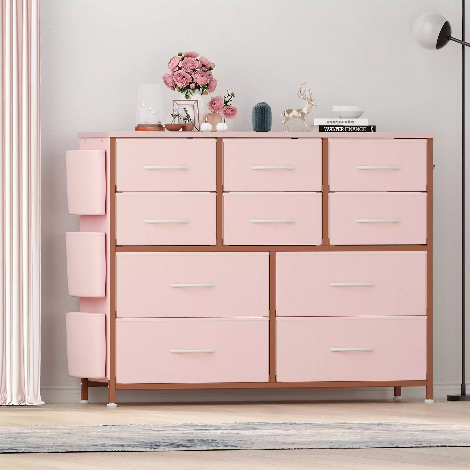 Juiluna 10 Drawer Fabric Dresser Wood Tabletop Pink Kids Room