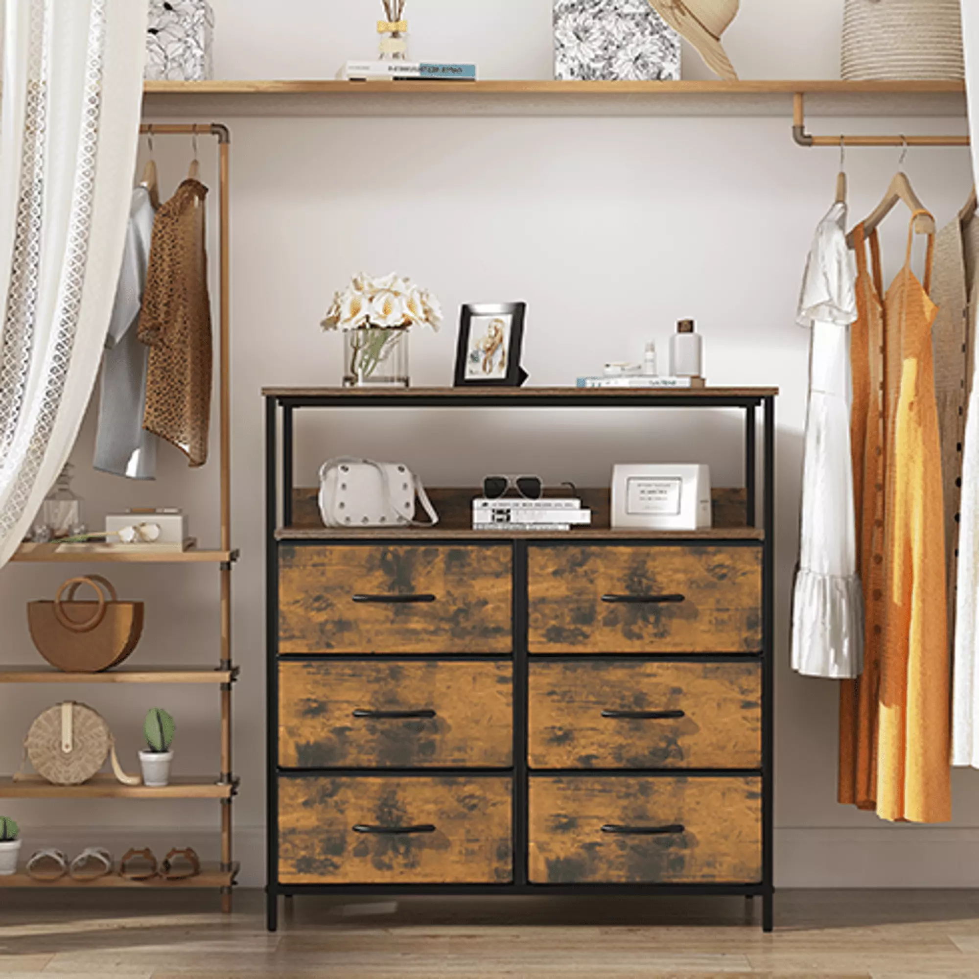 LYNCOHOME 6 Fabric Drawer Dresser Modern Chest Drawers Rustic Brown Finish Storage Cabinet