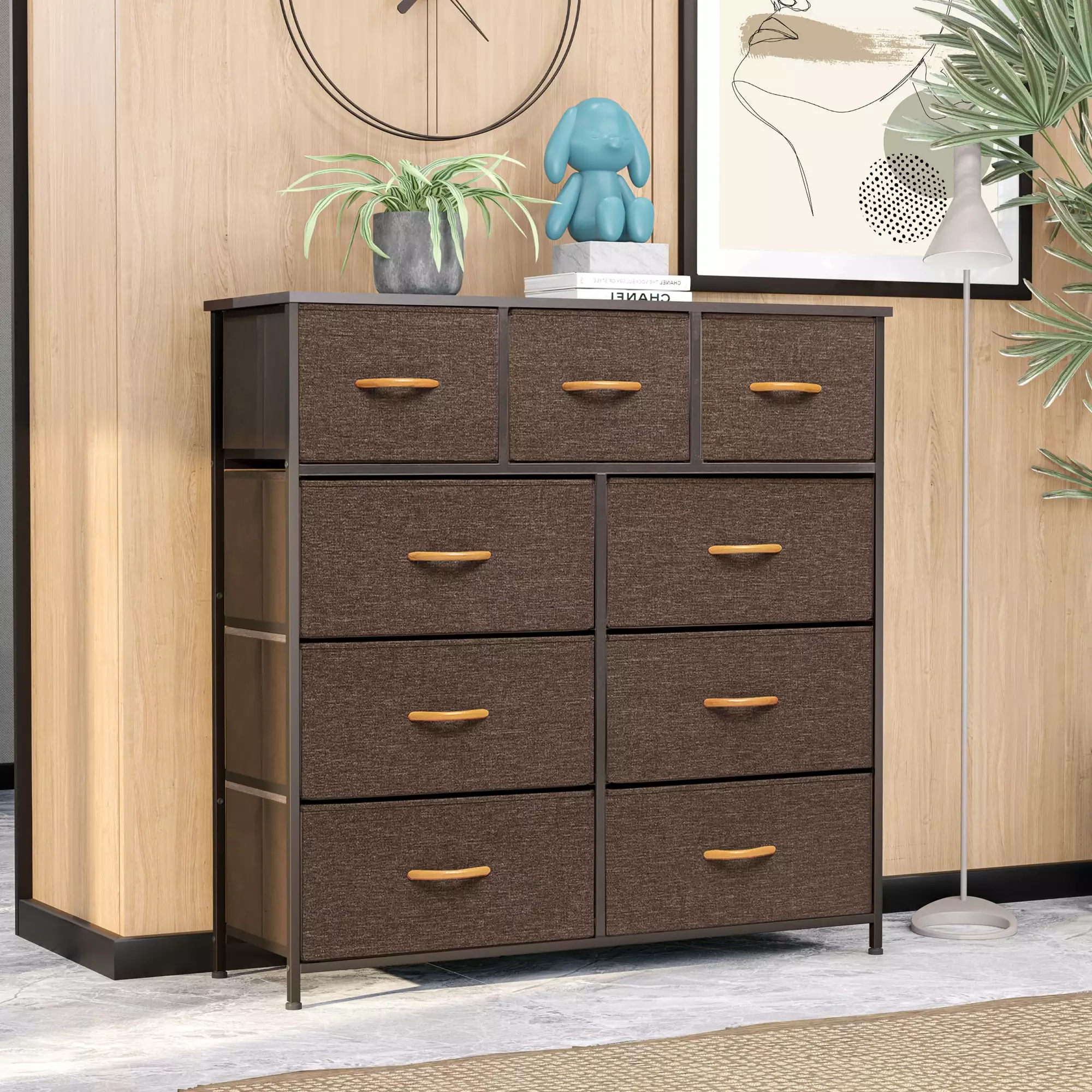 Vredhom Brown 9 Drawers Fabric Wide Closet Dresser Chest Bedroom Living Room