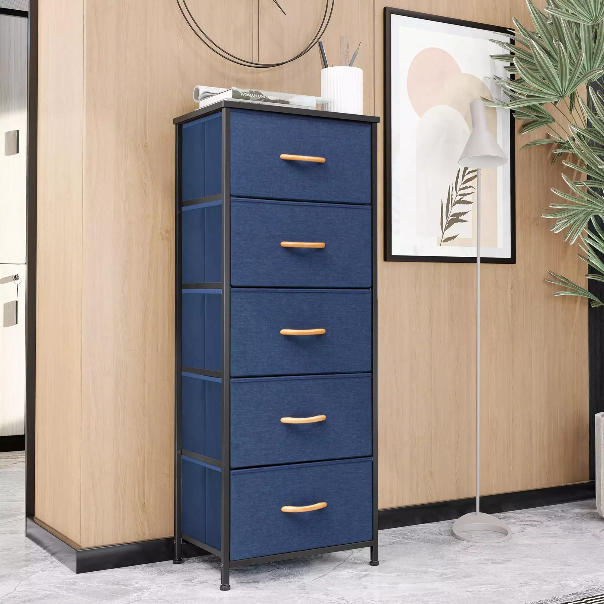 Vredhom 5 Drawer Blue Vertical Fabric Dresser Storage Tower