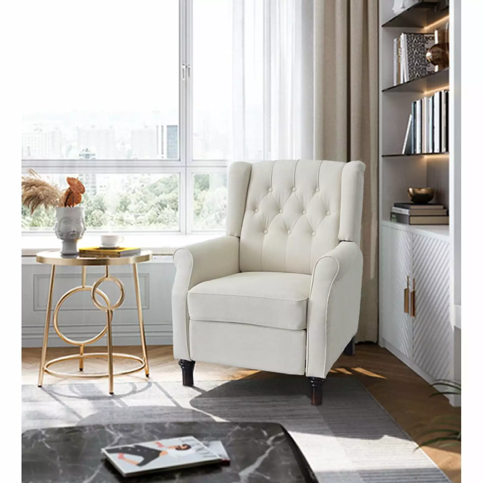 Beige Modern Fabric Recliner Sofa Manual Push-Back Recline Linen Upholstery Ponnky