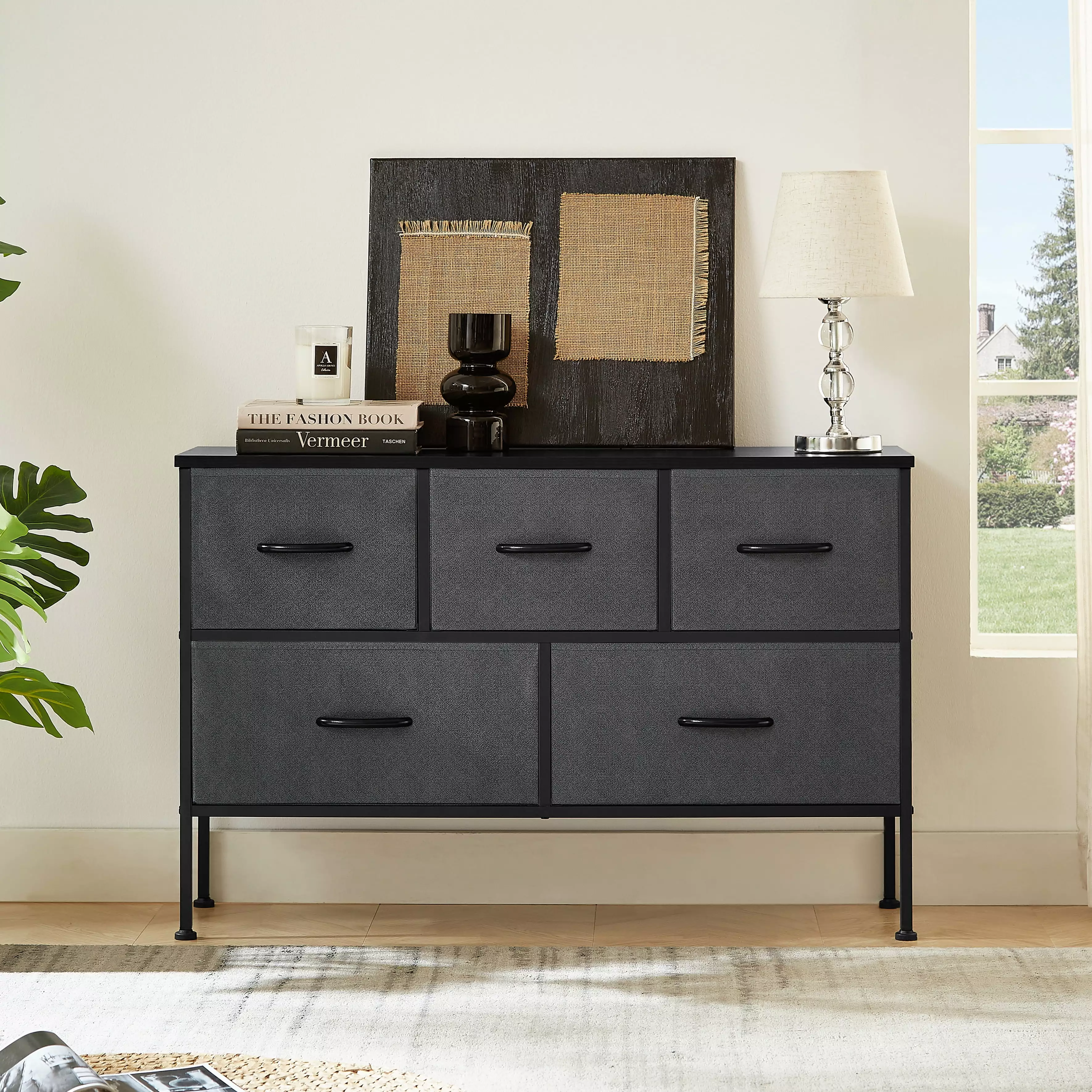 5-Drawer Dresser Tall Fabric Storage Tower Wood Top Bedroom Closet JIAING